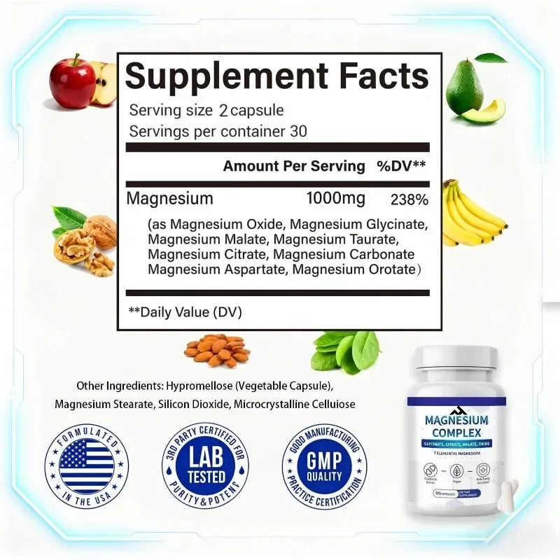 Magnesium Complex 7-Element Supplement 1000Mg Containing Glycine, Citrate, Malate -60 Capsules